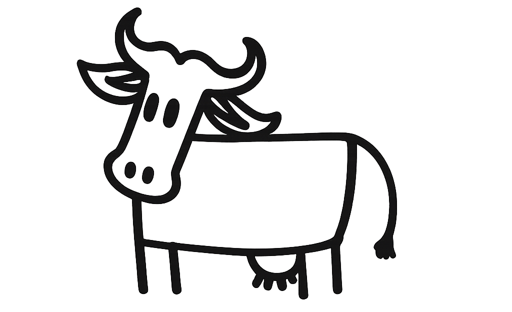 Black line drawing of a cow on a white background